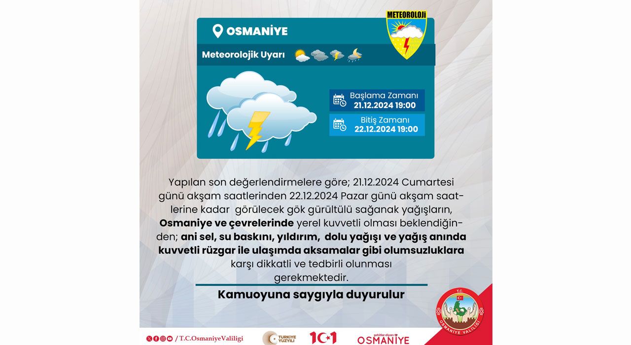 Osmaniye ve Çevresi İçin Kuvvetli Yağış Uyarısı