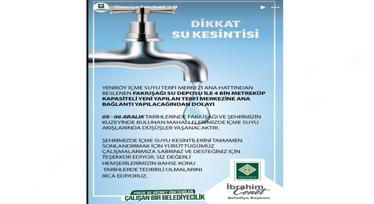 Osmaniye’de Su Kesintisi Uyarısı