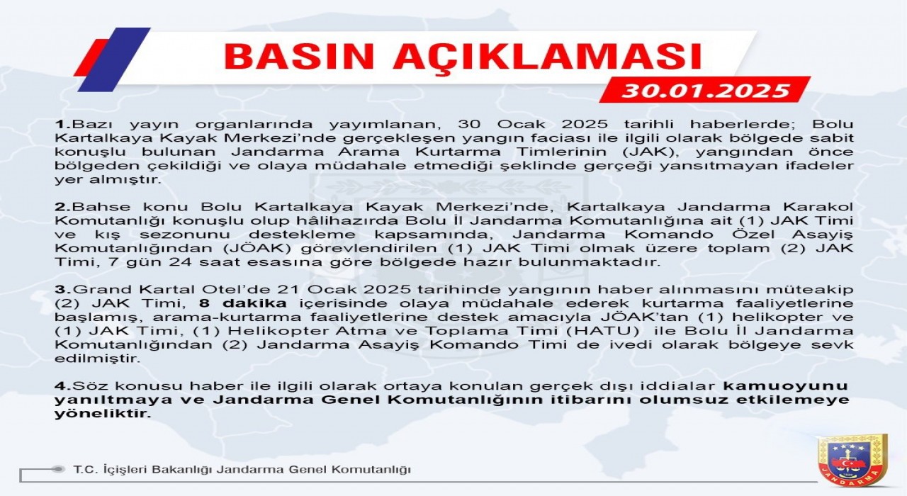 Jandarma Genel Komutanlığından Boludaki otel yangınına müdahale edilmediği iddialarına ilişkin açıklama