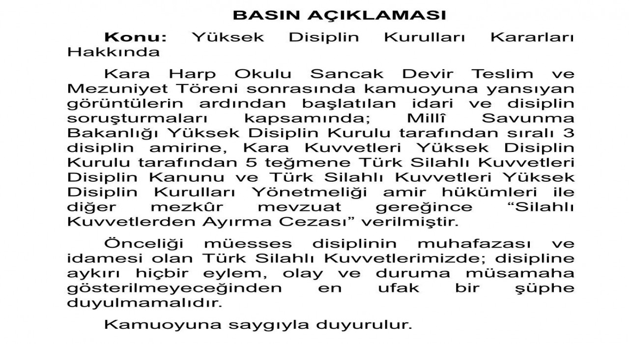 MSB: 5 Teğmen ve 3 sıralı amire Silahlı Kuvvetlerden Ayırma Cezası verildi