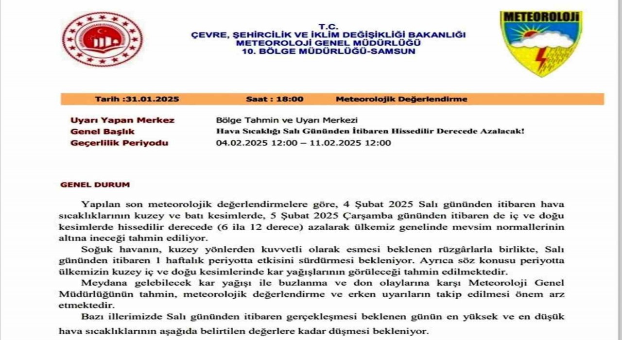 Samsunda hava sıcaklığı 6-12 derece düşecek