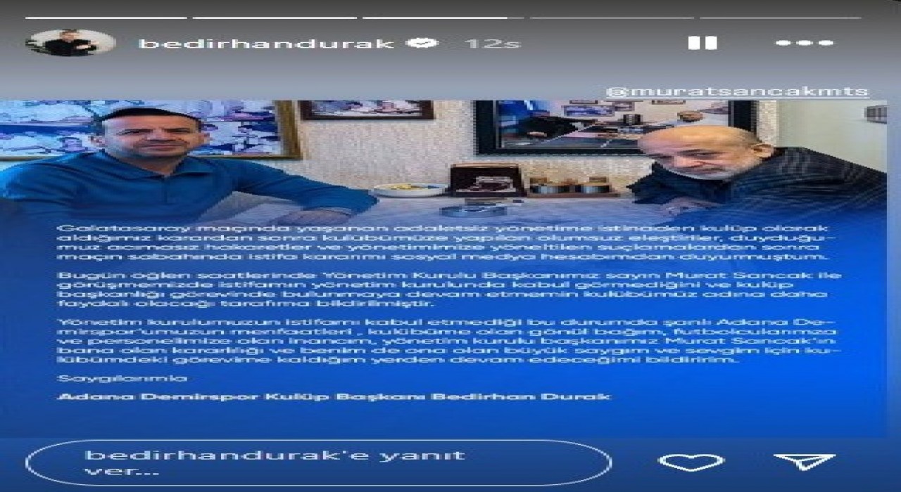 Adana Demirsporda Başkan Durakın istifası kabul edilmedi