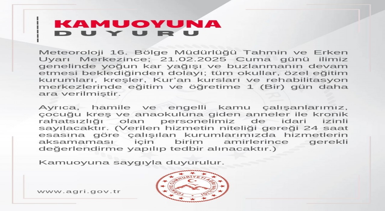 Ağrıda eğitime 1 gün daha ara verildi