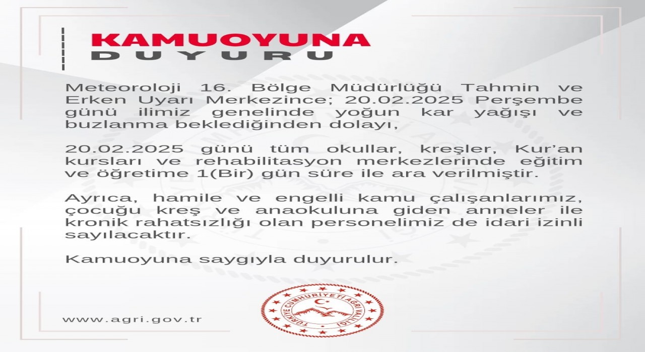 Ağrıda yoğun kar nedeniyle eğitime ara verildi