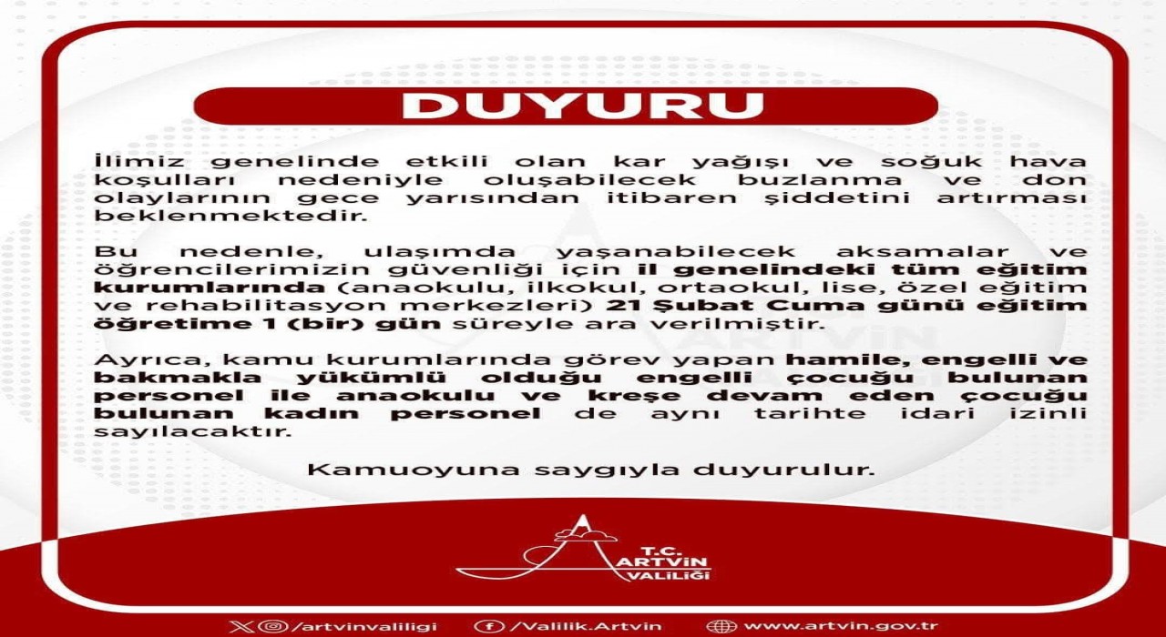 Artvinde eğitime 1 gün ara verildi