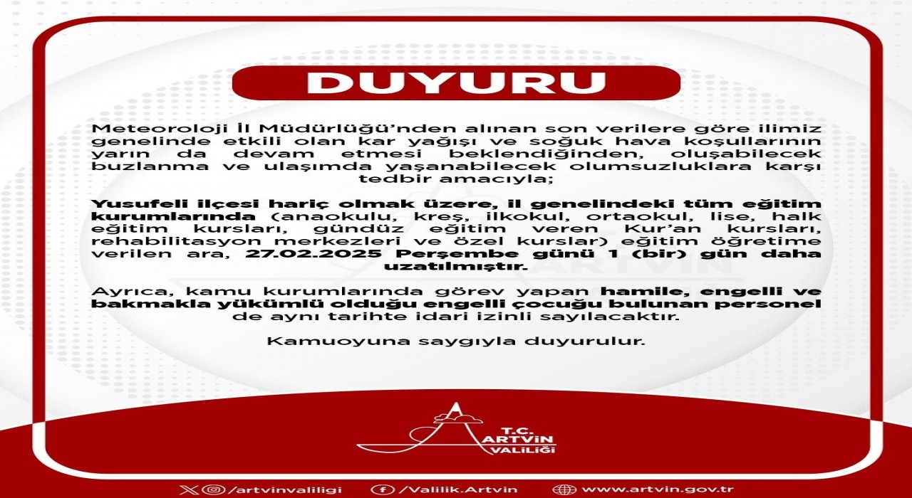 Artvinde eğitime 6ncı kez ara verildi