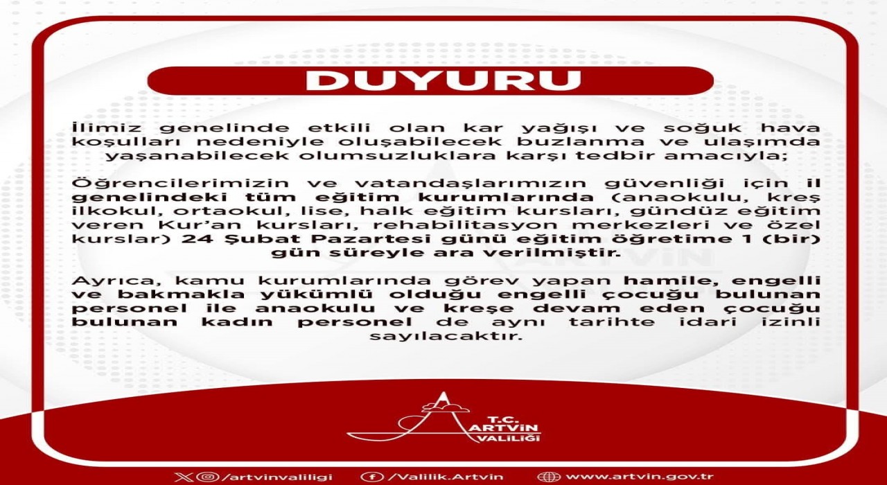 Artvinde eğitime kar engeli