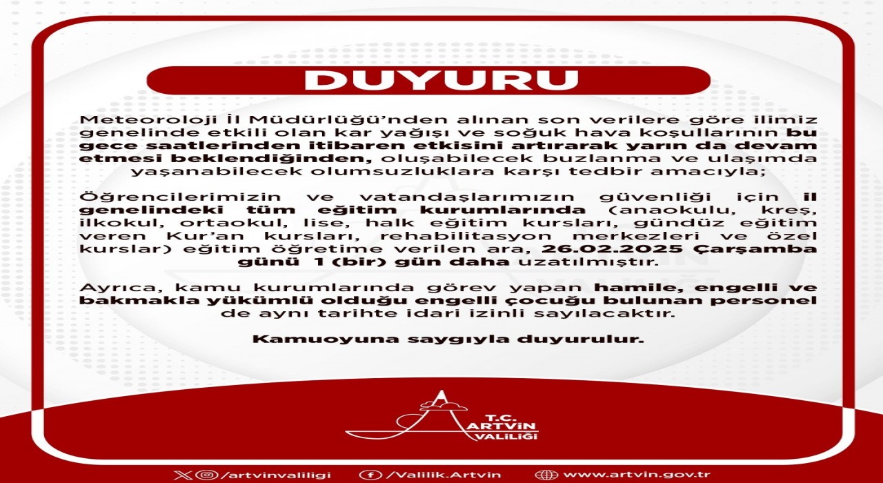 Artvinde eğitime kar engeli: Tatil süresi 1 gün daha uzatıldı