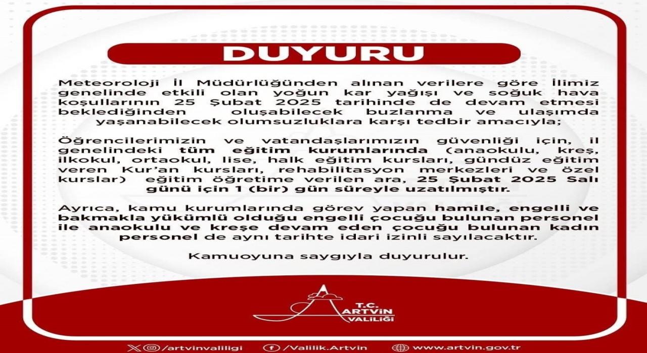 Artvinde kar tatili uzatıldı