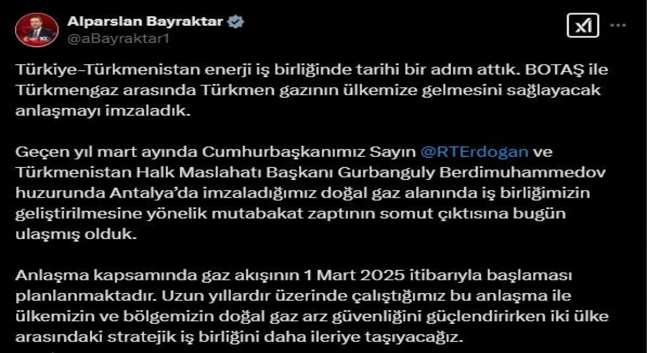 Bakan Bayraktar: Türkiye-Türkmenistan enerji iş birliğinde tarihi bir adım attık