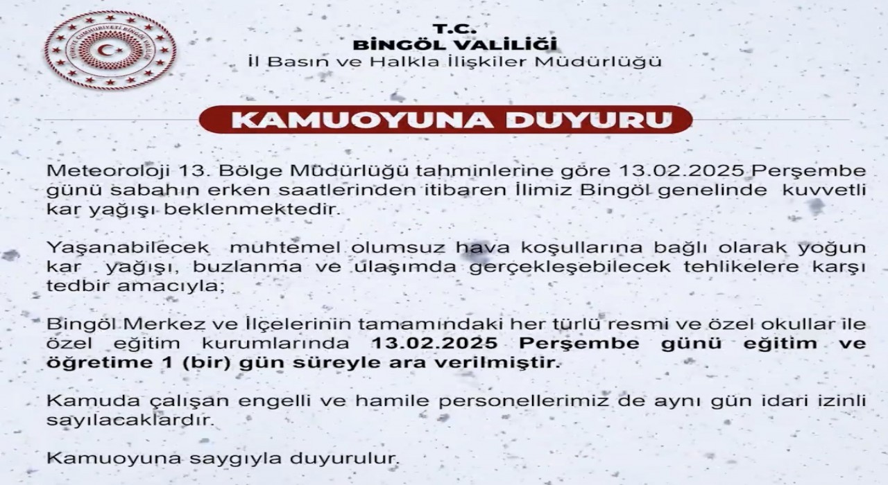 Bingölde eğitime 1 gün ara verildi