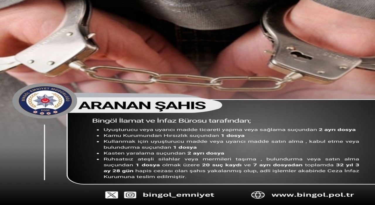 Bingölde 32 yıl kesinleşmiş hapis cezası bulunan şahıs yakalandı