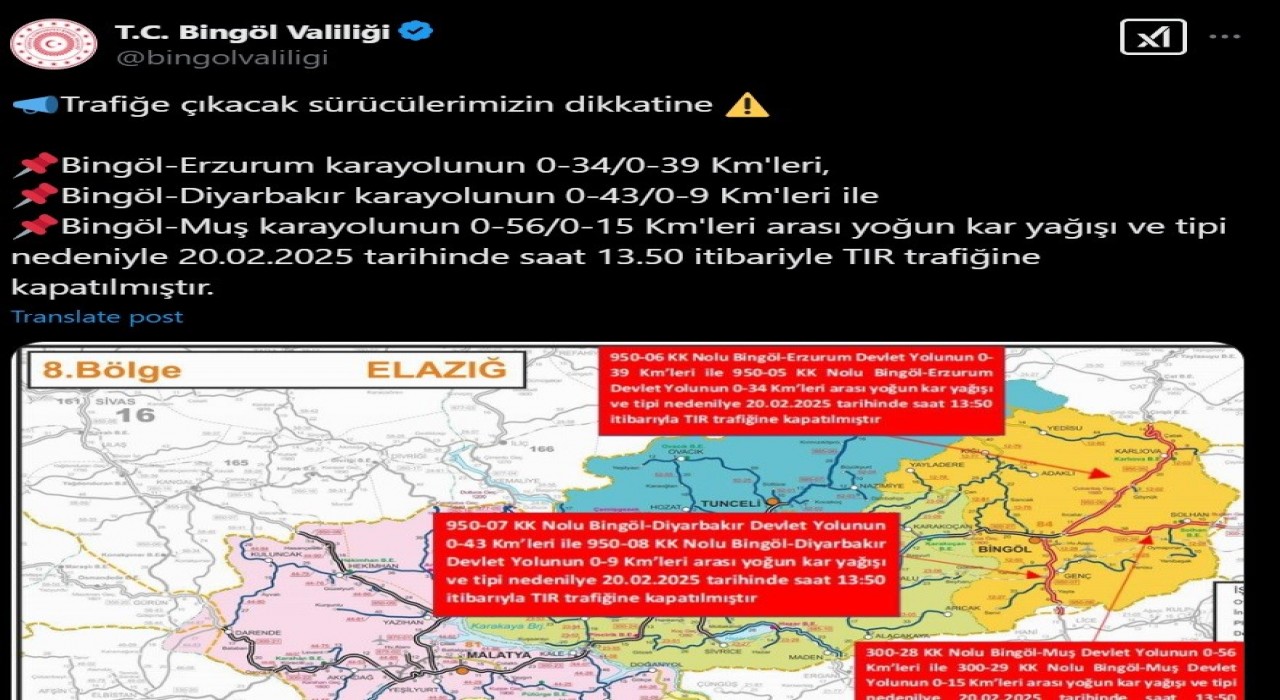 Bingölde kar ve soğuk hava etkisini artırdı: Tır trafiğine kısıtlama getirildi