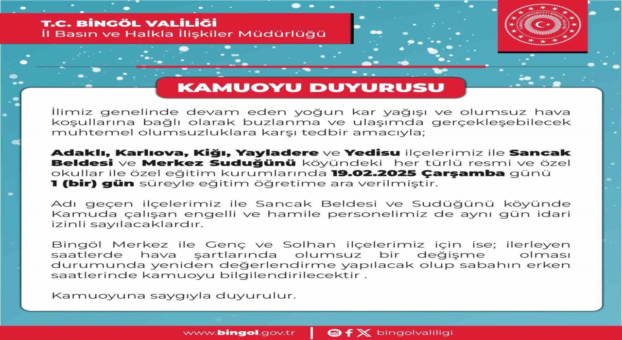 Bingölde okullara kar tatili
