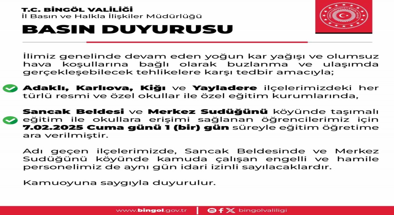 Bingölün 4 ilçesinde eğitime kar engeli