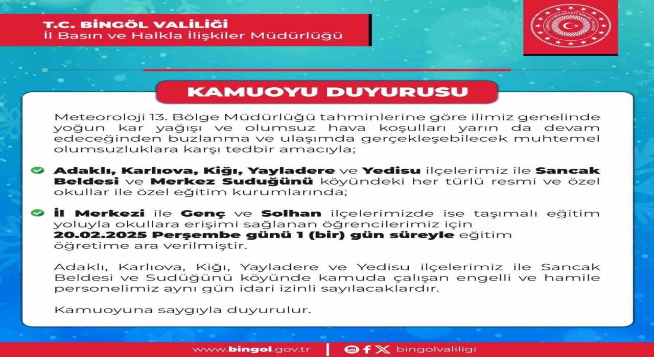 Bingölün 5 ilçesinde okullara kar tatili