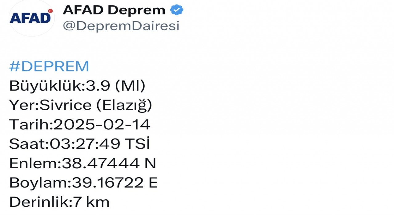 Elazığda 3.9 büyüklüğünde deprem