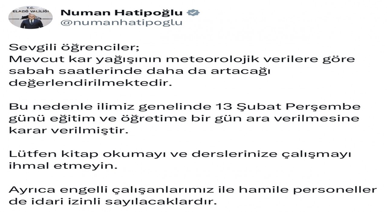 Elazığda eğitime 1 gün ara verildi
