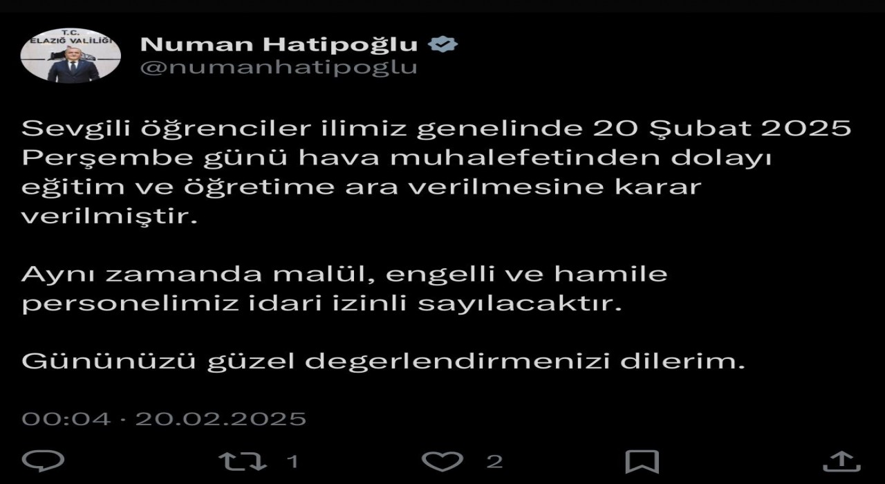 Elazığda eğitime ara verildi