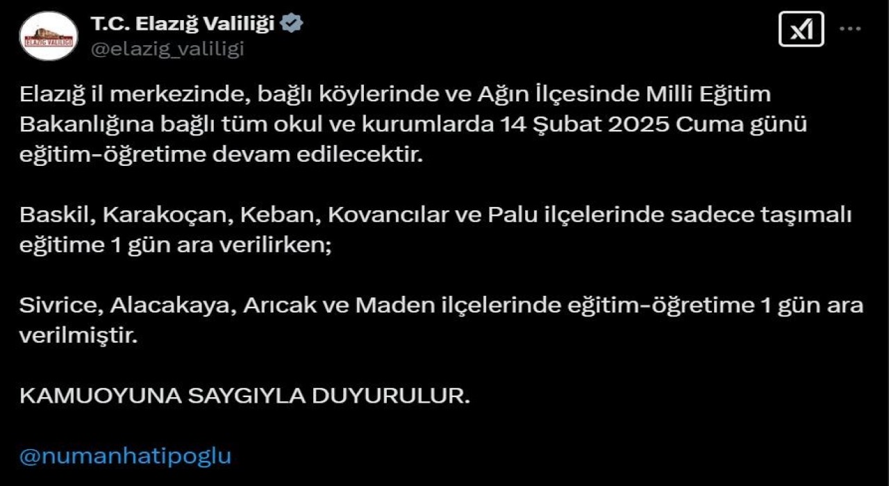 Elazığ’da Kar Nedeniyle 4 İlçede Okullar Tatil Edildi