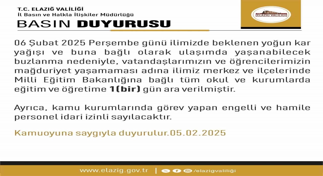 Elazığın ilçelerinde de eğitime bir gün ara verildi