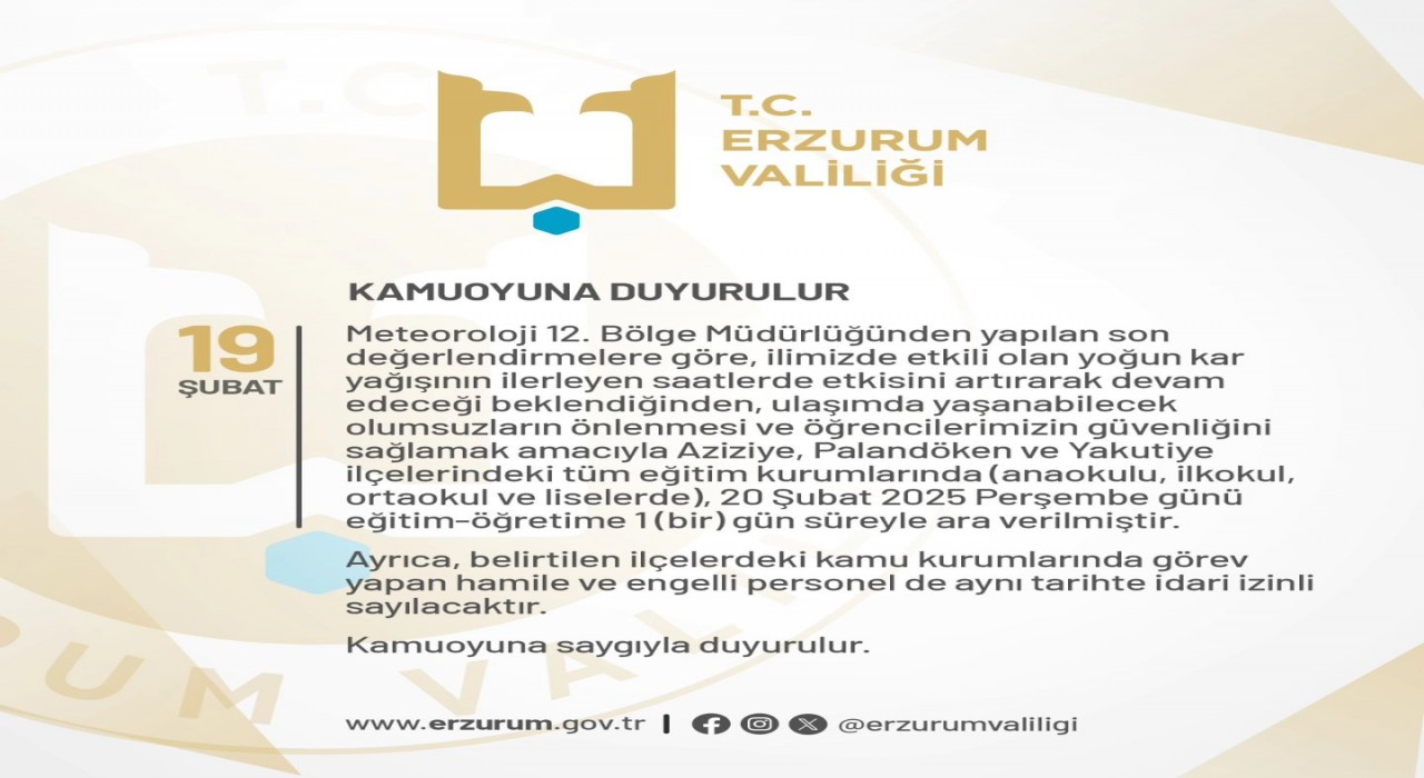Erzurumda eğitime 1 gün kar tatili