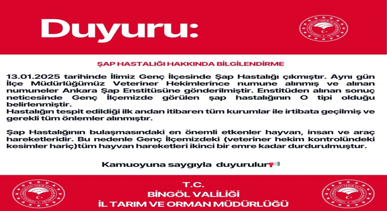 Genç ilçesinde şap karantinası