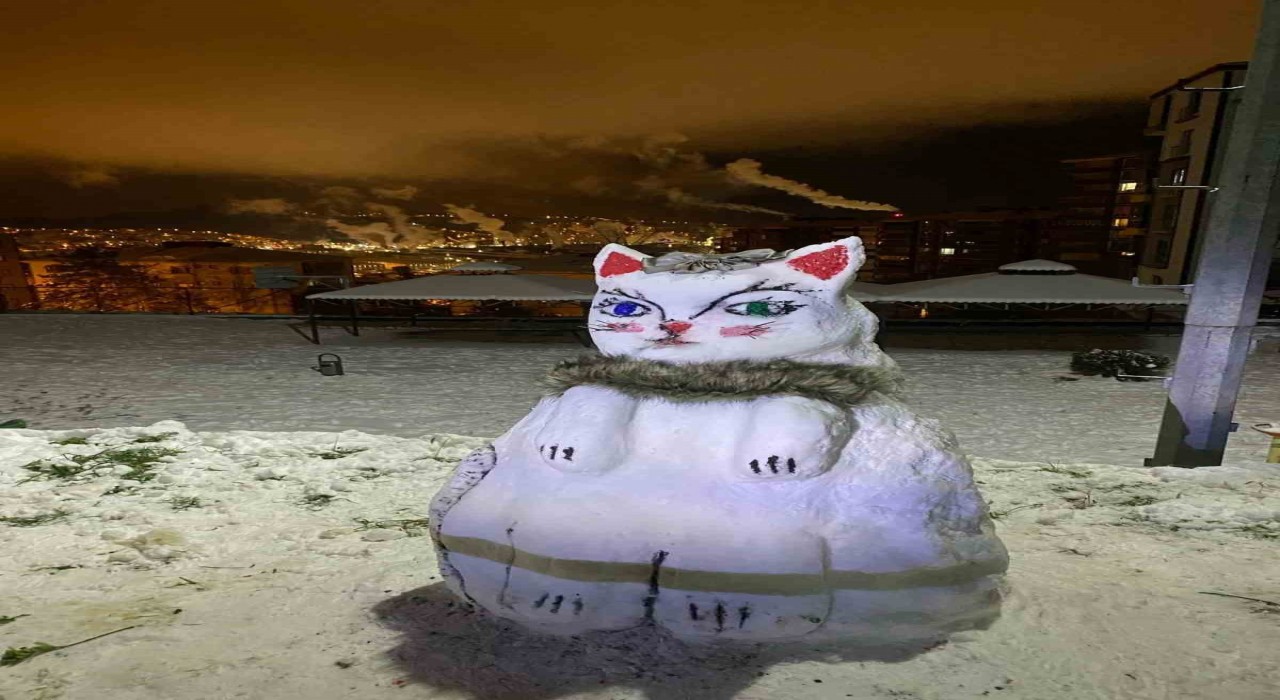 Karadeniz Ereğlide kardan kedi yaptılar