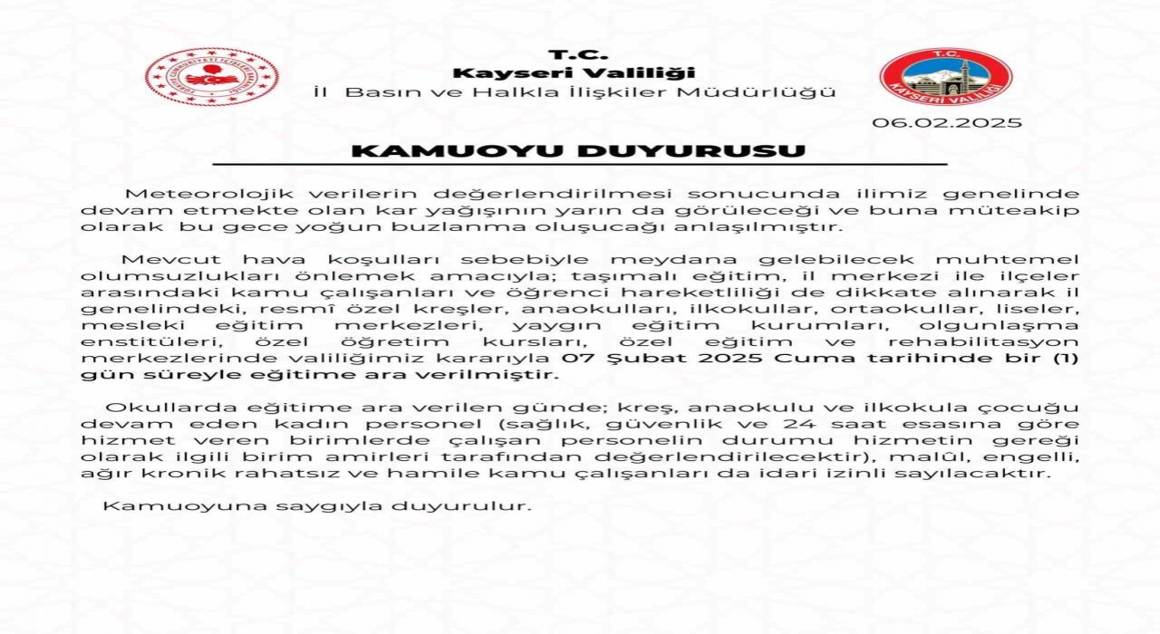 Kayseride eğitime 1 gün daha ara verildi