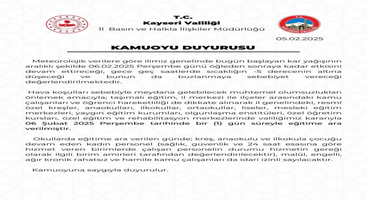 Kayseride eğitime kar engeli