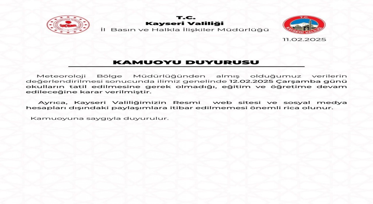 Kayseride eğitime kar tatili yok
