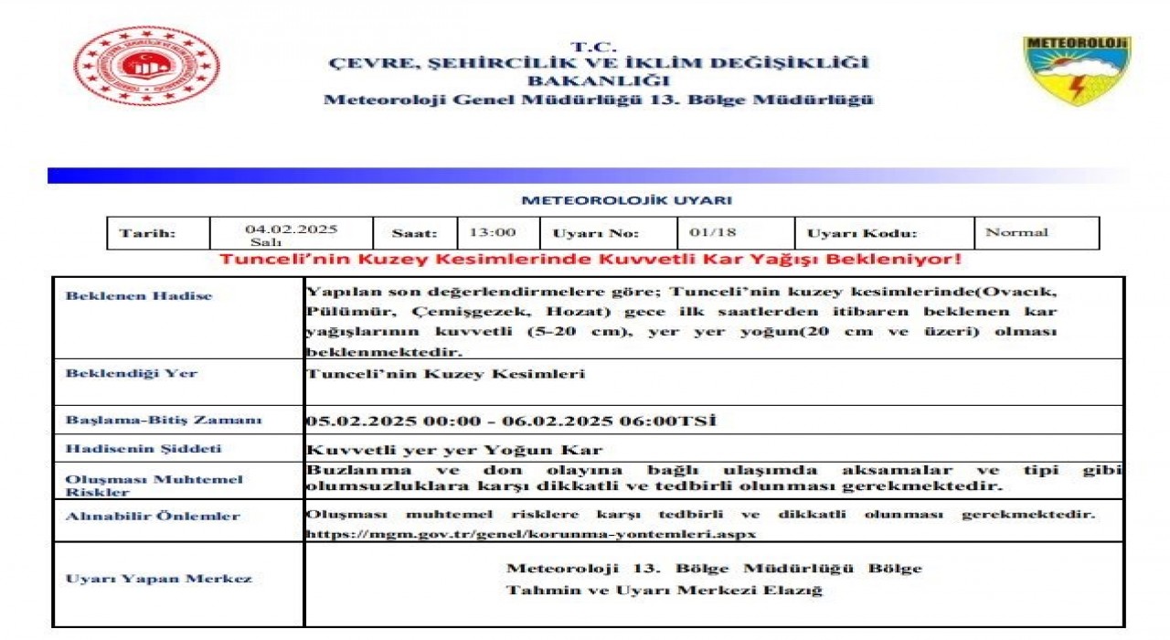 Meteorolojinden Tunceli için kuvvetli kar yağışı uyarısı
