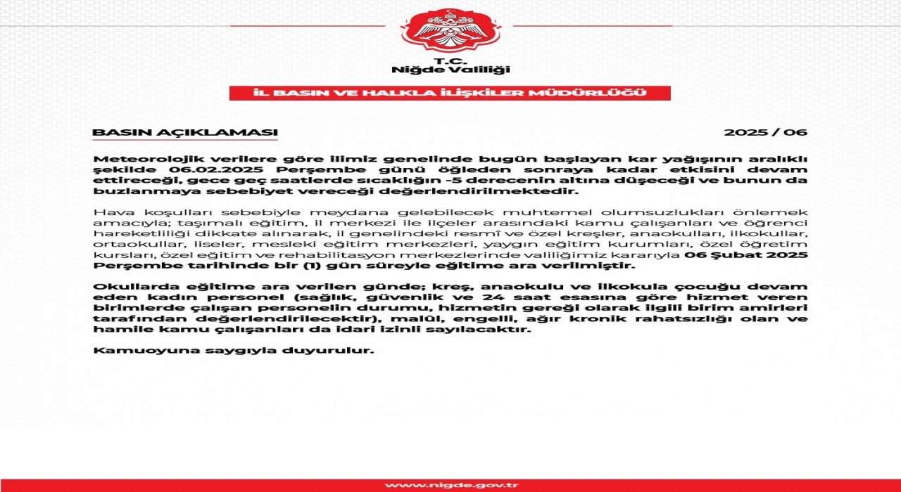 Niğdede eğitime 1 gün ara verildi