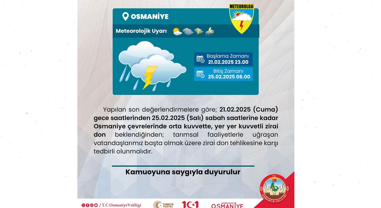 Osmaniye Valiliği’nden Zirai Don Uyarısı: Çiftçiler ve Üreticiler Dikkatli Olmalı