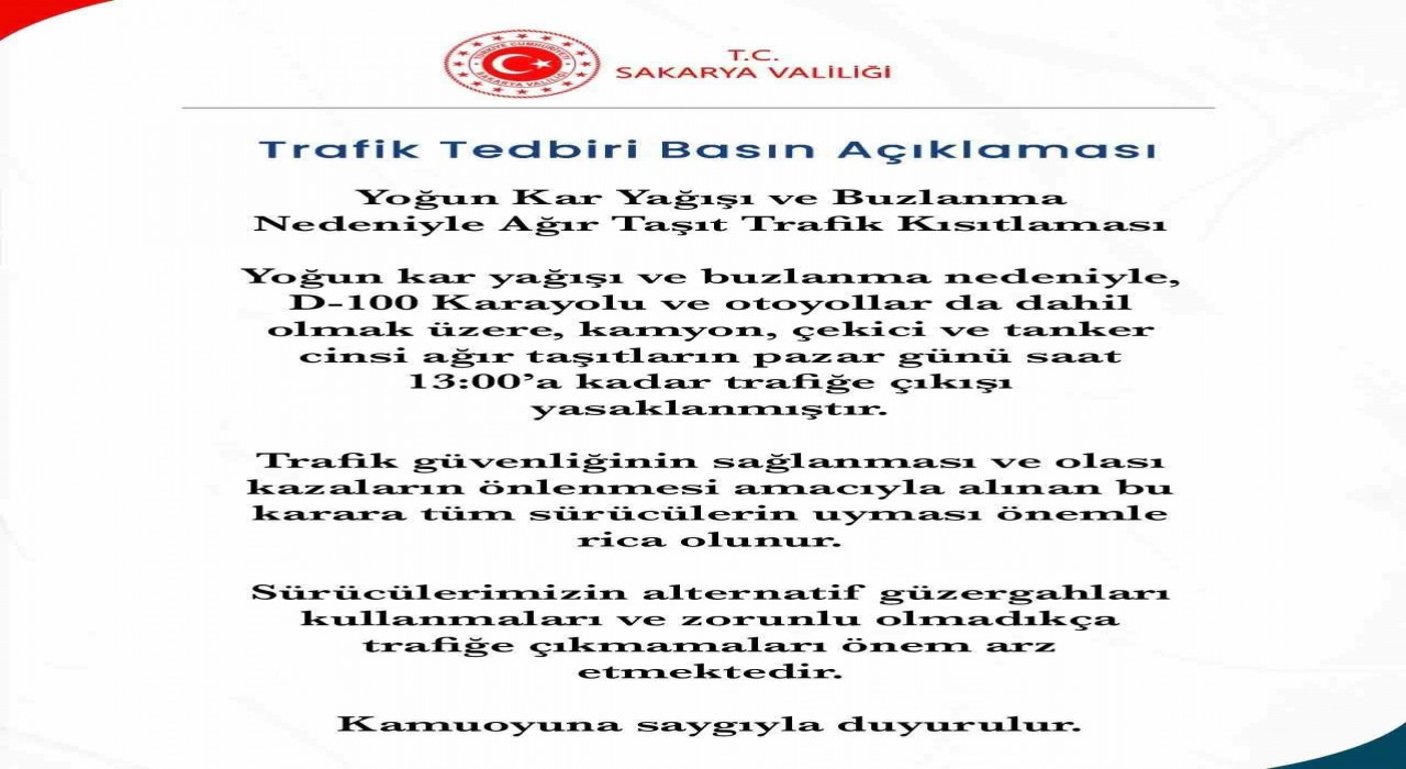 Sakaryada ağır taşıt cinsi araçların otoyol ve D-100e çıkışı yasaklandı