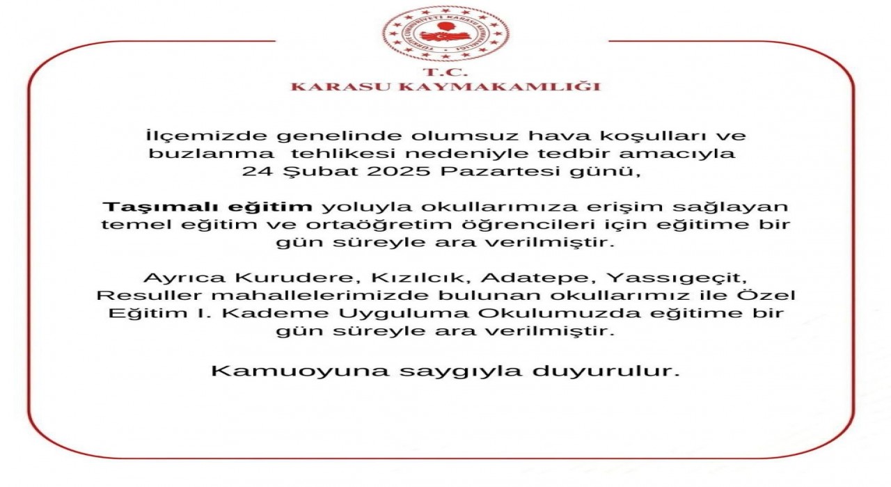 Sakaryada bir ilçede taşımalı eğitime 1 gün ara verildi