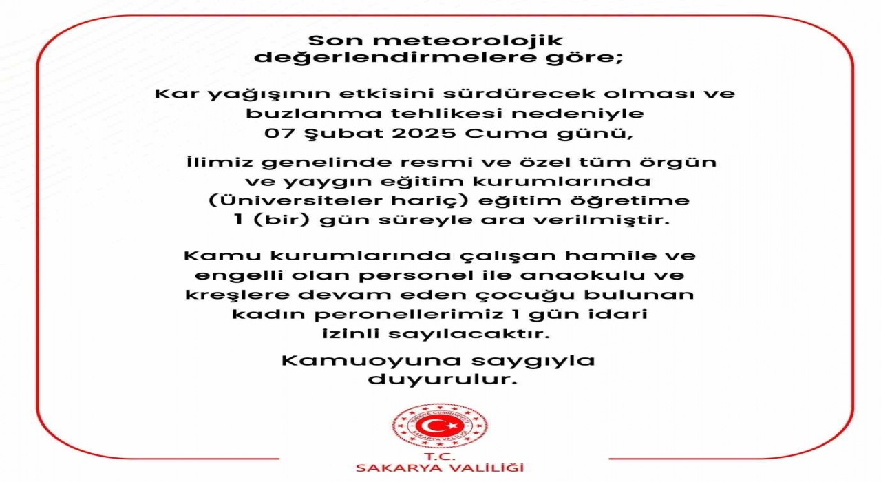 Sakaryada eğitime 1 günlük daha kar engeli