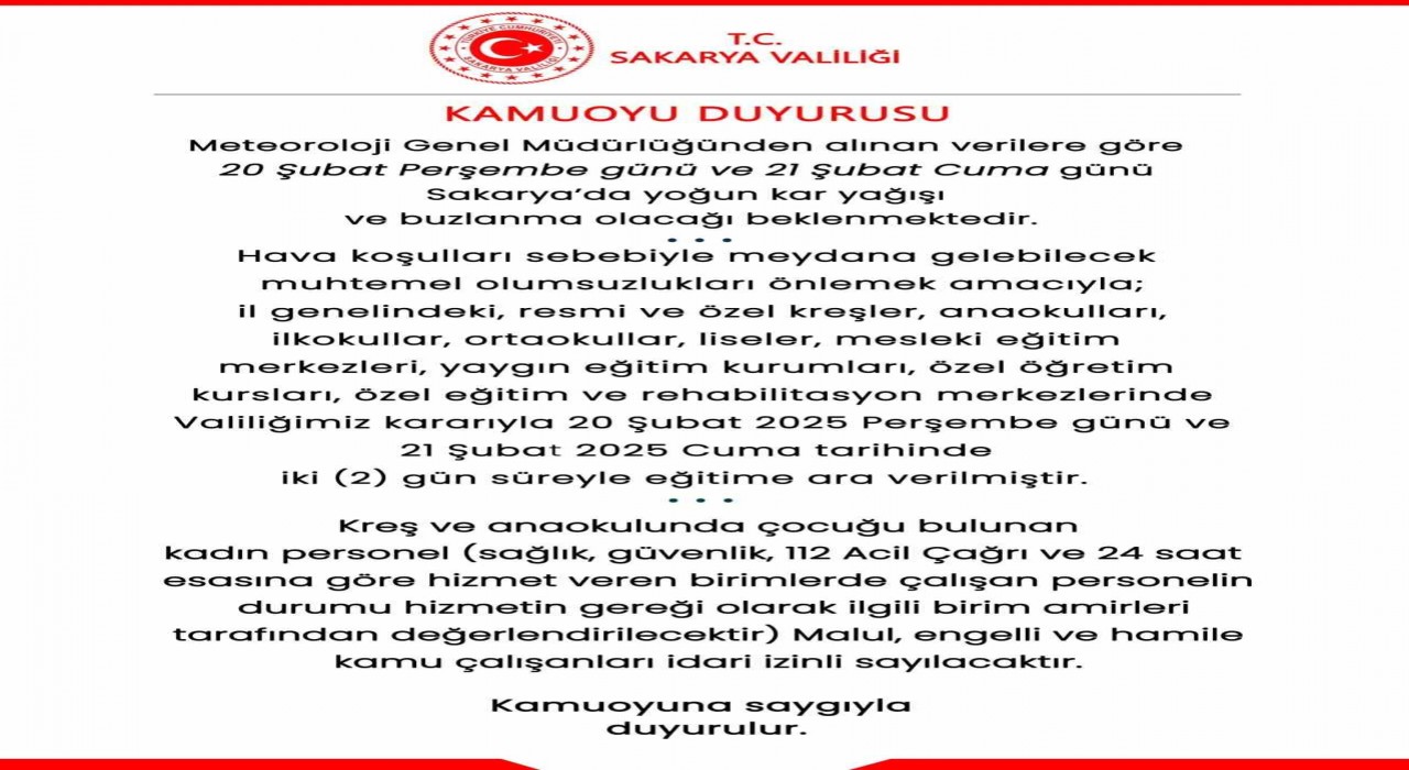 Sakaryada kar sebebiyle eğitime 2 günlük ara