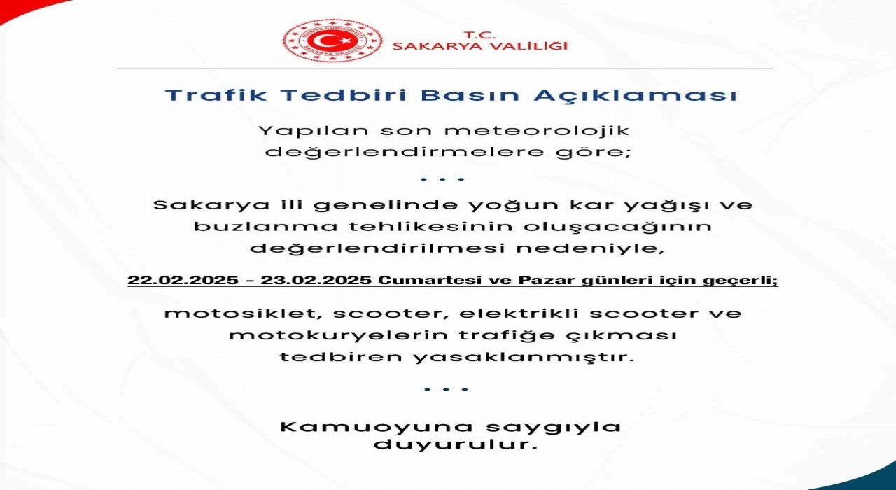 Sakaryada motokuryelere trafiğe çıkma yasağı