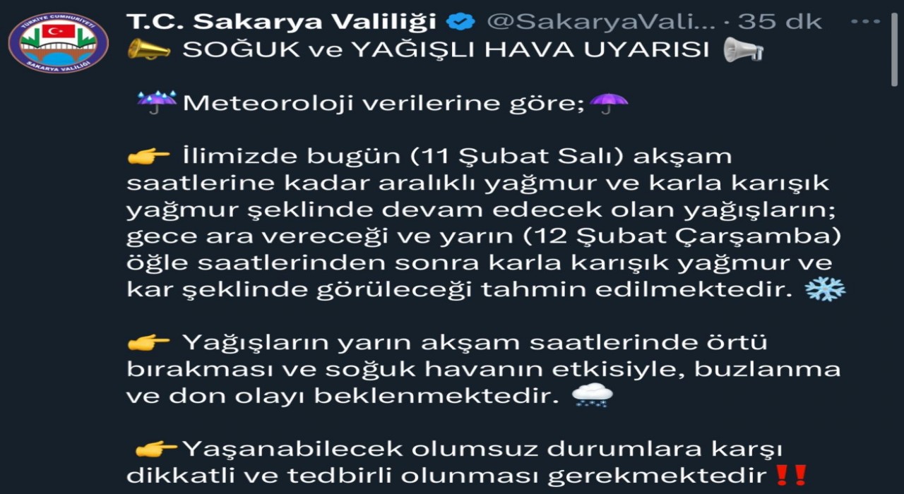 Sakaryada soğuk ve yağışlı hava uyarısı