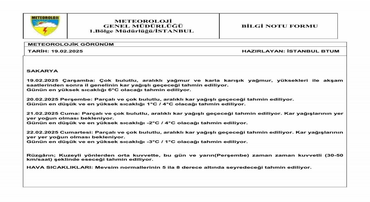 Sakaryada soğuk ve yağışlı hava uyarısı