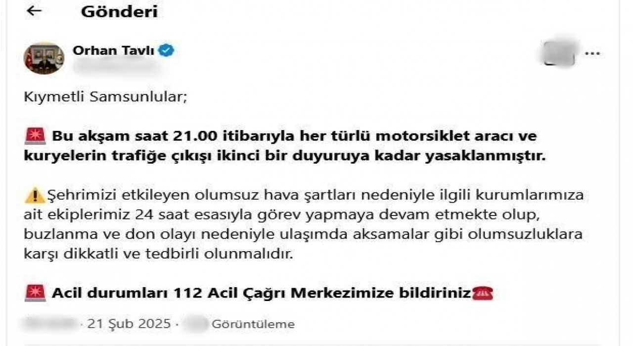 Samsunda kurye ve motosikletlerin trafiğe çıkışı yasaklandı