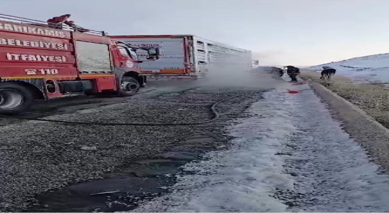 Sarıkamışta lastiği patlayan tır alev aldı