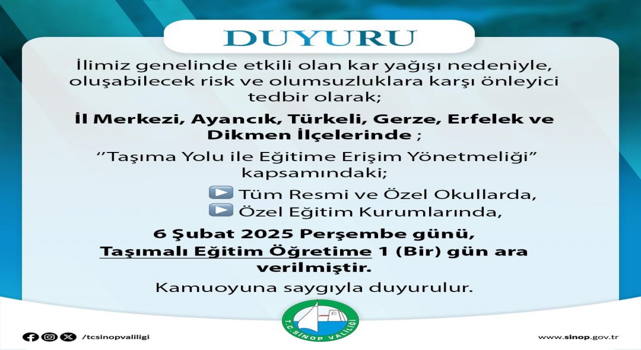 Sinopta kar nedeniyle taşımalı eğitime bir gün ara