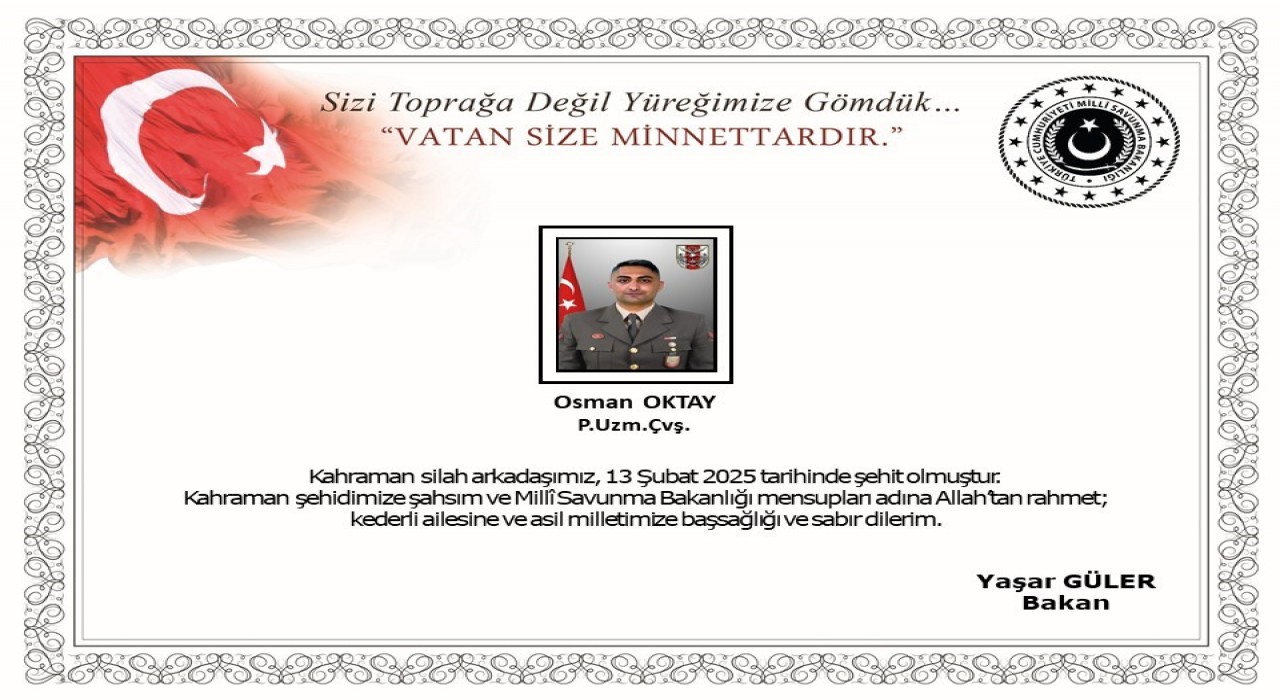 Suriyenin kuzeyinde yaralanan uzman çavuş şehit oldu
