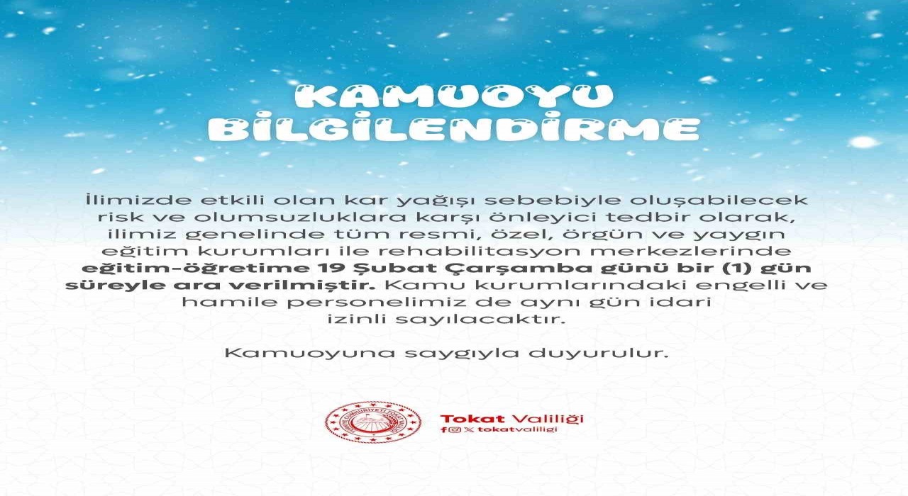 Tokatta eğitime kar tatili