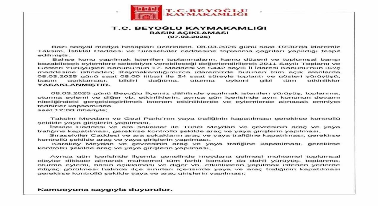Beyoğlu Kaymakamlığından 8 Mart kararı: 24 saat süreyle gösteri yürüyüşü gibi tüm etkinlikler yasaklanmıştır