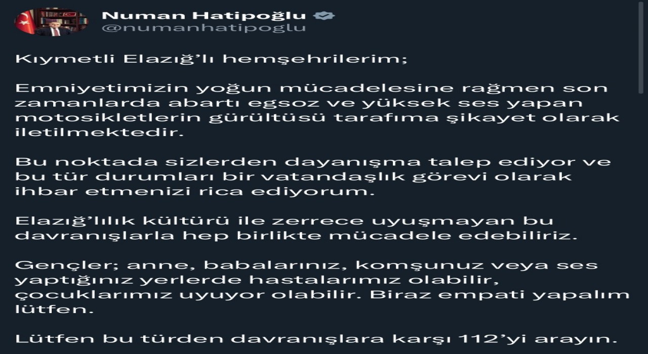 Elazığ Valisi Hatipoğlundan vatandaşlara çağrı