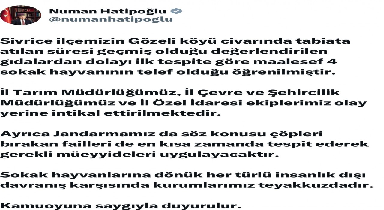 Elazığda sokak hayvanlarına zarar verilmesi üzerine Vali Hatipoğlundan açıklama