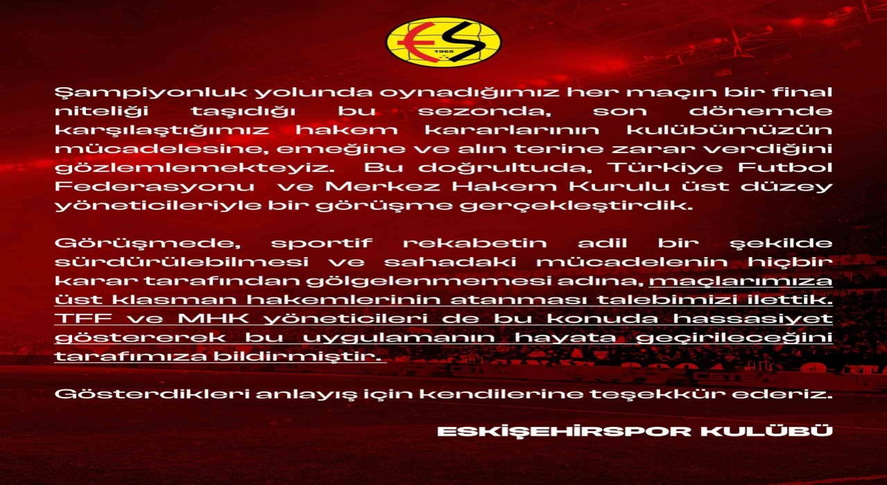 Eskişehirspordan maçlara üst klasman hakemler atanması talebi